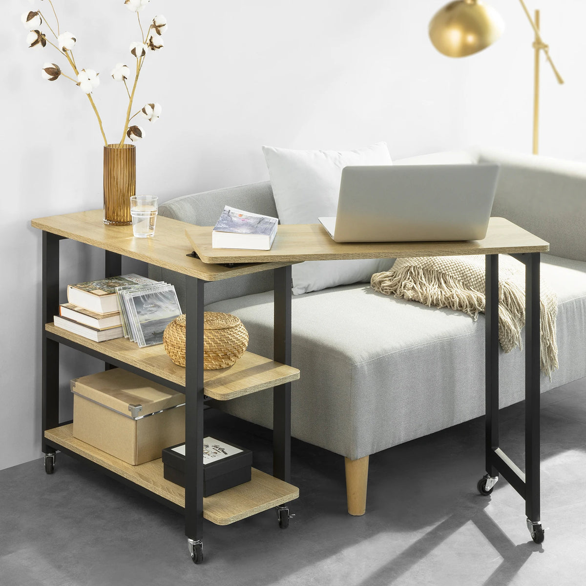 SoBuy FWT83 L-shaped side table with 2 shelves Sofa table with wheels corner desk worktable industrial design