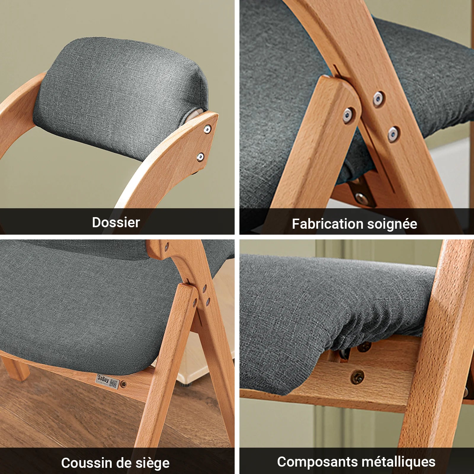 SoBuy FST92-SG Wood Upholstered Folding Chair Ergonomic kitchen Dining Room Foldable Space Saving Assembled kitchen Balcony office Dark Grey 47.5x77x59cm