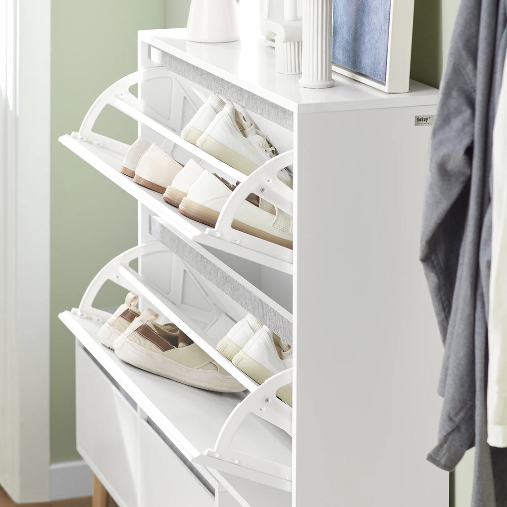 SoBuy FSR134-W Shoe dump truck Shoe shelf with 2 flaps, 2 doors and 2 drawers Hallway cabinet with bench Shoe bench with seat