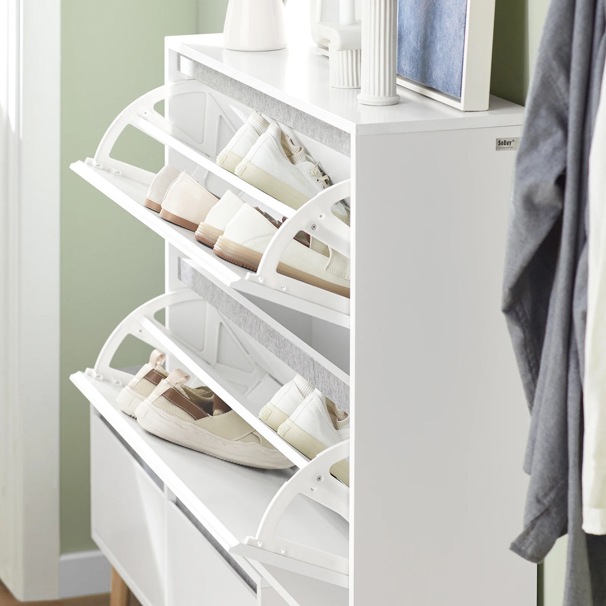 SoBuy FSR134-W Shoe dump truck Shoe shelf with 2 flaps, 2 doors and 2 drawers Hallway cabinet with bench Shoe bench with seat