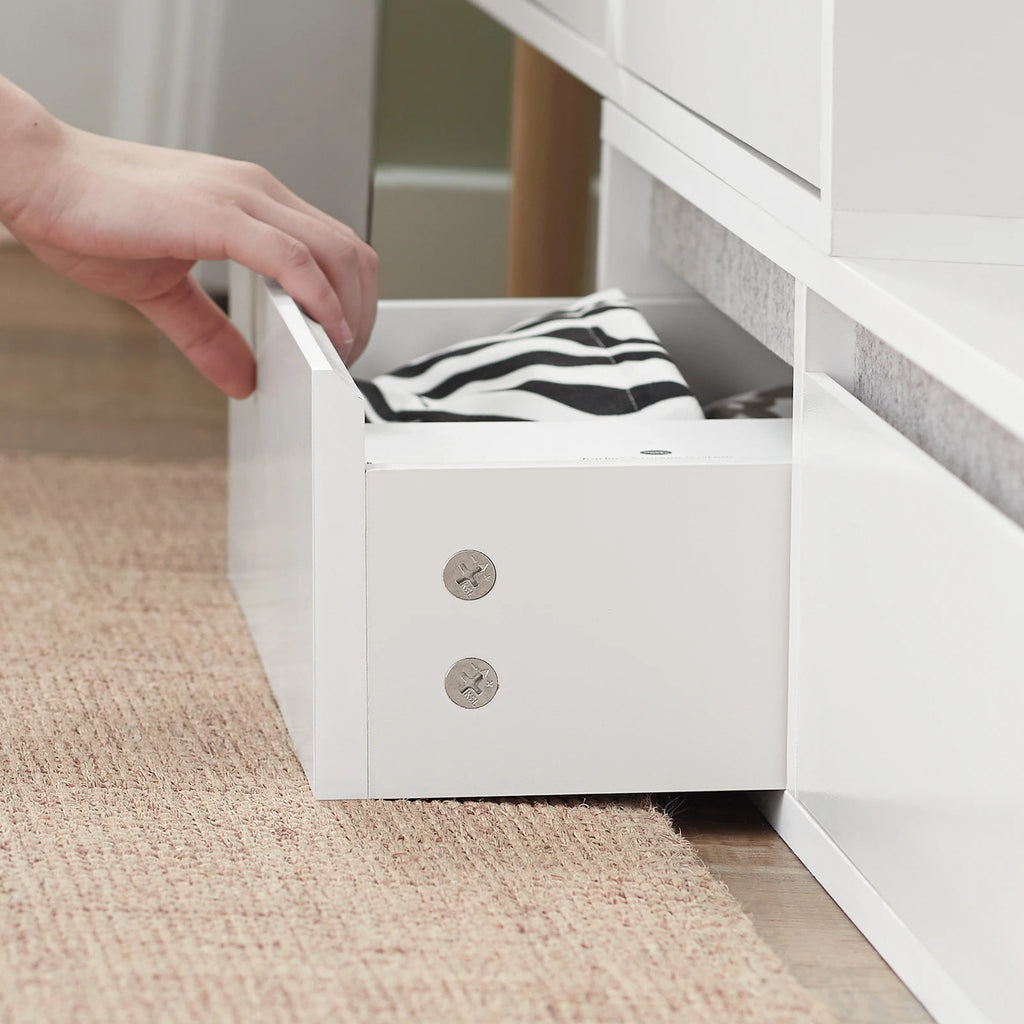 SoBuy FSR134-W Shoe dump truck Shoe shelf with 2 flaps, 2 doors and 2 drawers Hallway cabinet with bench Shoe bench with seat