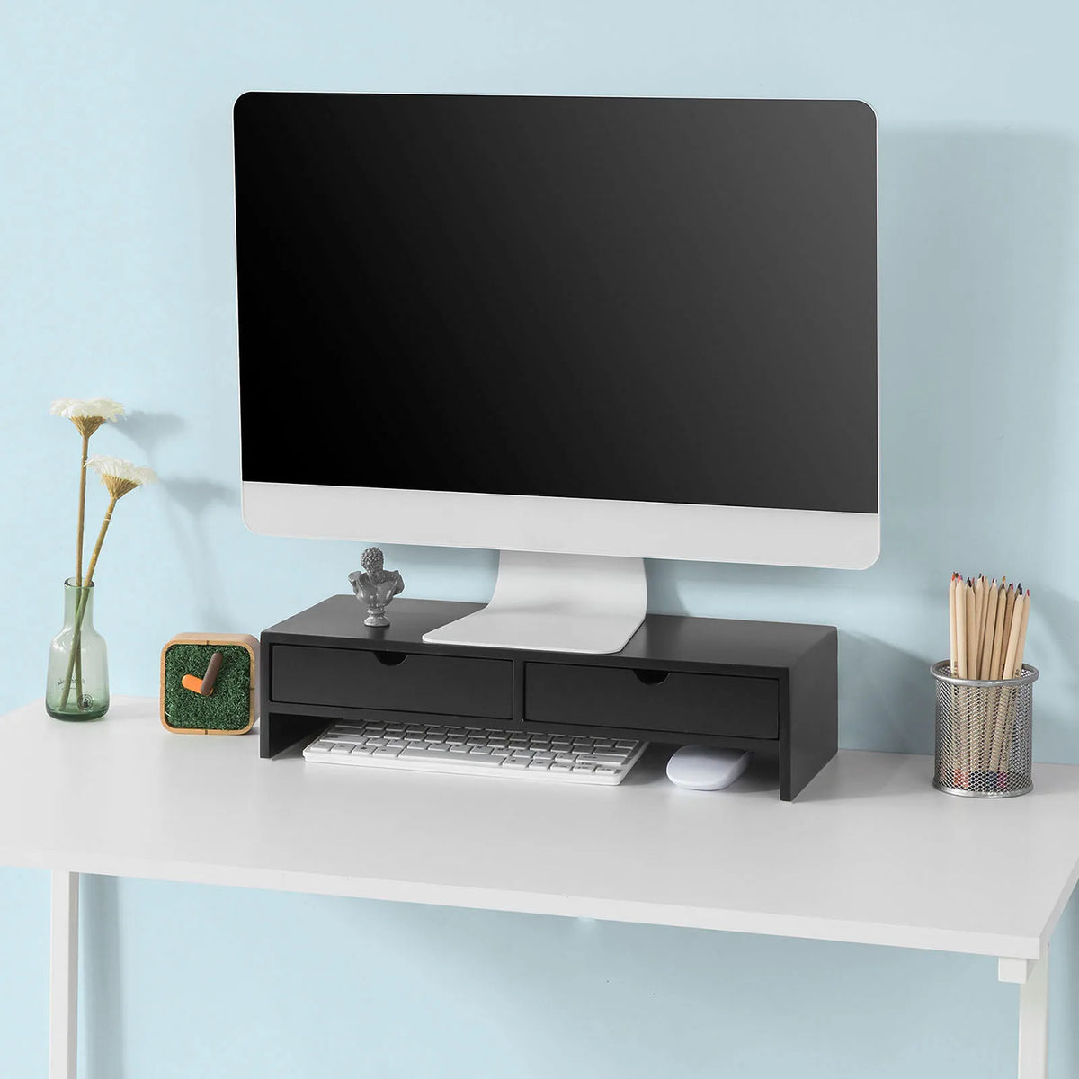 SoBuy BBF02 monitor screen stand, monitor riser with 2 drawers, WDH approx. 47x11x18cm