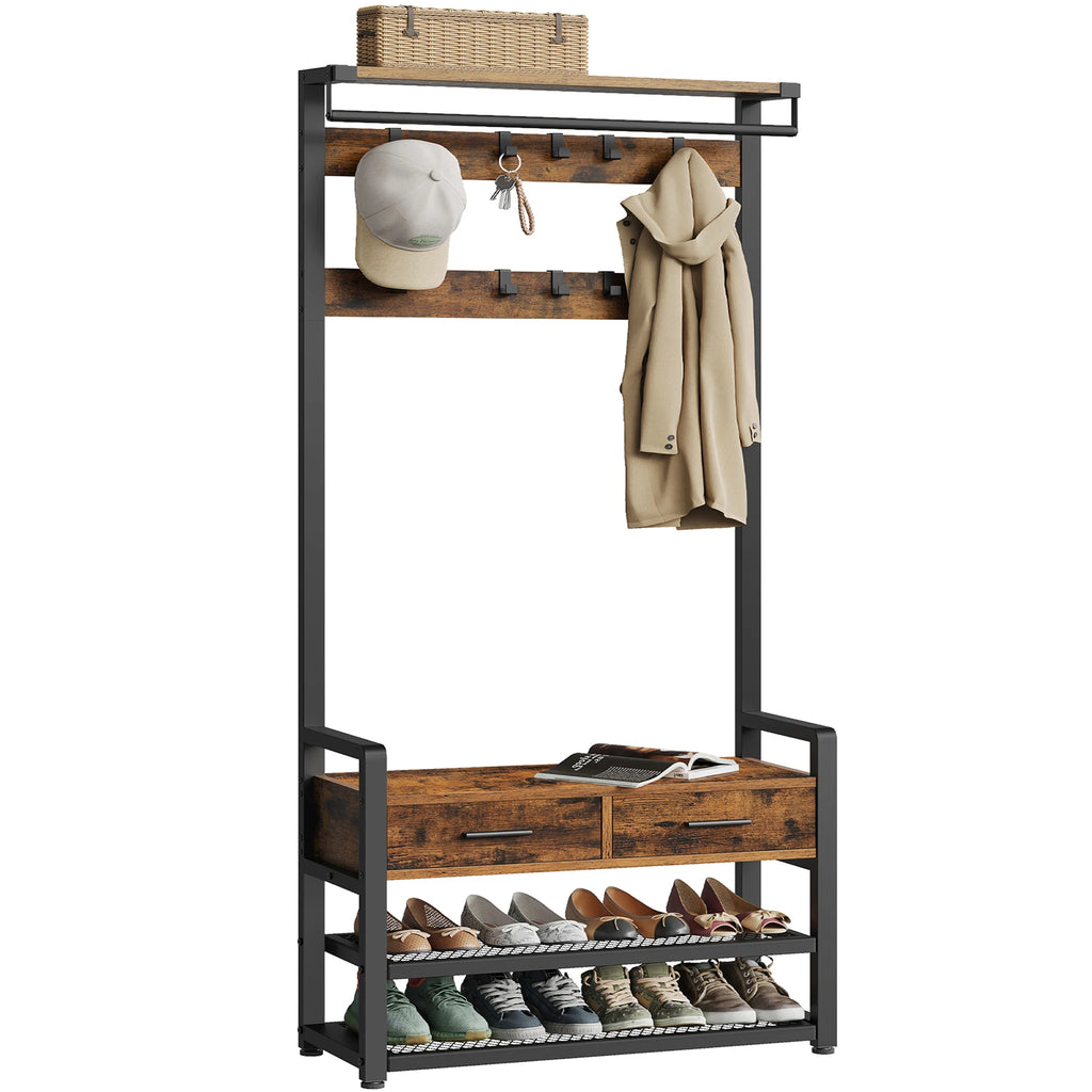 Entryway Coat Rack, with 10 Removable Hooks, 2 Drawers, Separable Design, 30 x 80.4 x 181.6 cm, Rustic Brown and Ink Black