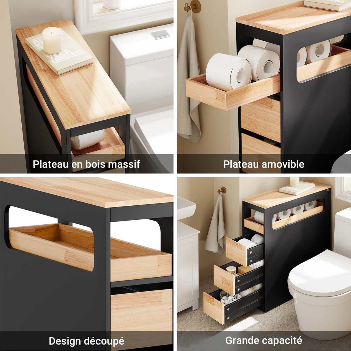 SoBuy BZR54-II-SCH bathroom wardrobe with wheels, narrow bathroom wardrobe with 3 drawers – compact wooden chest of drawers, mobile niche wardrobe for small bathrooms, toilets, and kitchens, black, 65x23x82cm