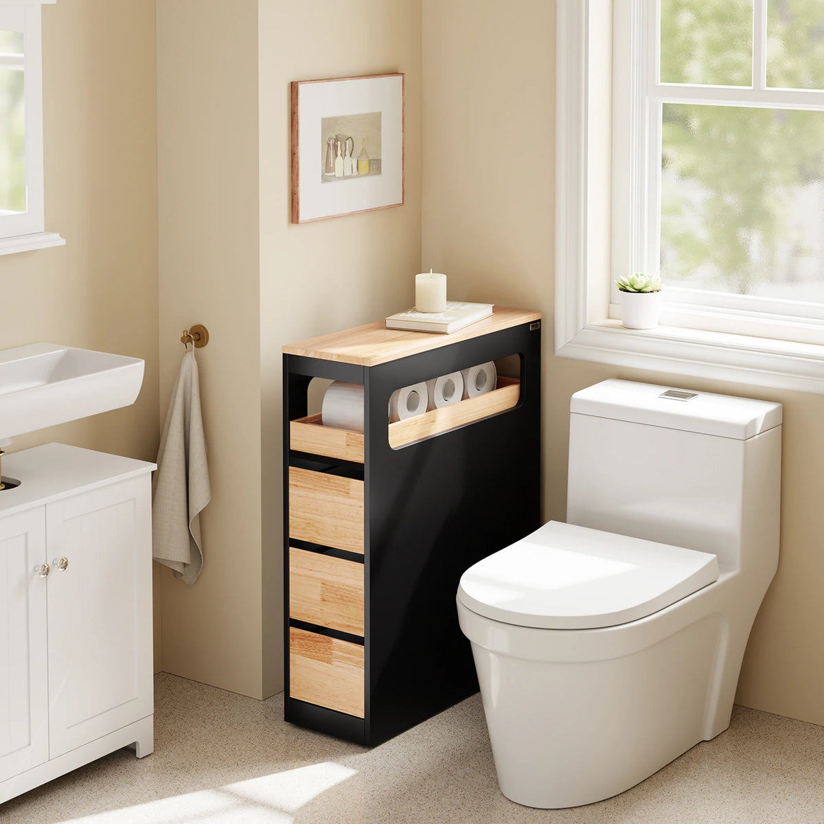 SoBuy BZR54-II-SCH bathroom wardrobe with wheels, narrow bathroom wardrobe with 3 drawers – compact wooden chest of drawers, mobile niche wardrobe for small bathrooms, toilets, and kitchens, black, 65x23x82cm
