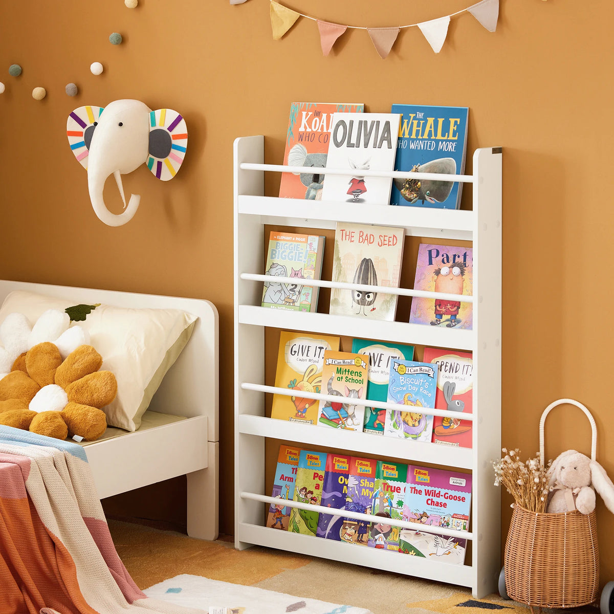 SoBuy KMB08-W children’s shelf, bookshelf for kids, wall shelf, hanging shelf, storage shelf with 4 compartments for books and decor