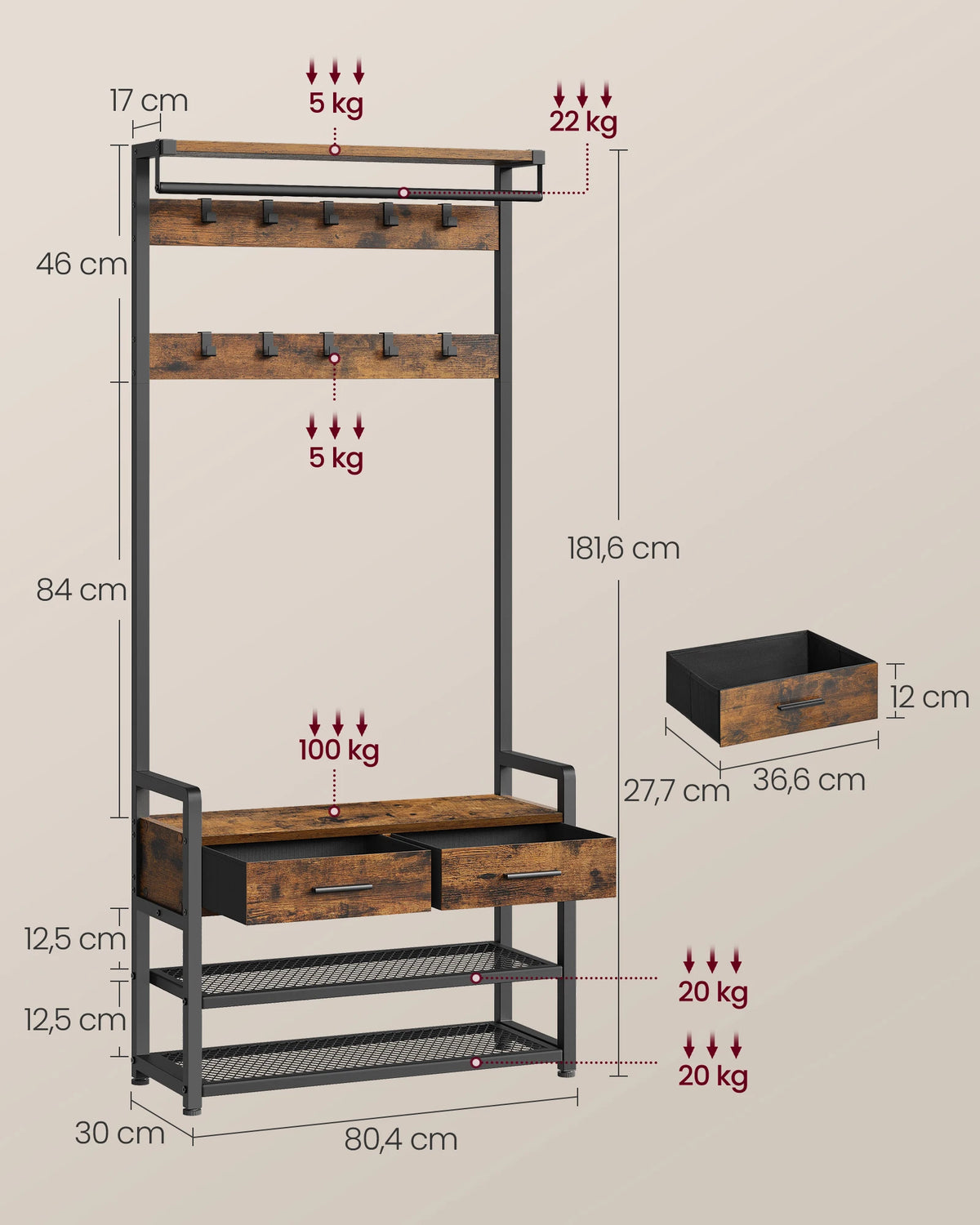 Entryway Coat Rack, with 10 Removable Hooks, 2 Drawers, Separable Design, 30 x 80.4 x 181.6 cm, Rustic Brown and Ink Black