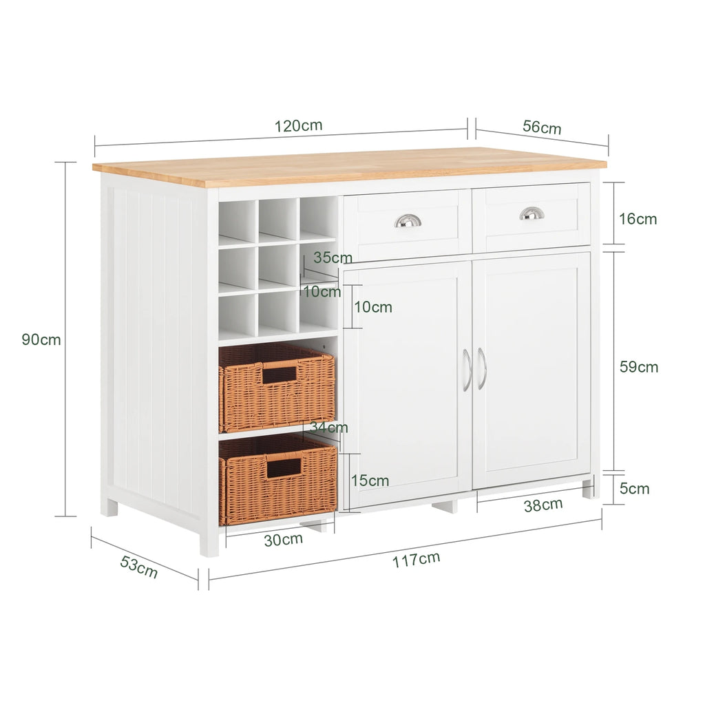 SoBuy KNL05-W Kitchen Island With 2 Rattan Baskets Freestanding Kitchen wardrobe Sideboard Bar Table dining table Buffet White 120x90x56cm