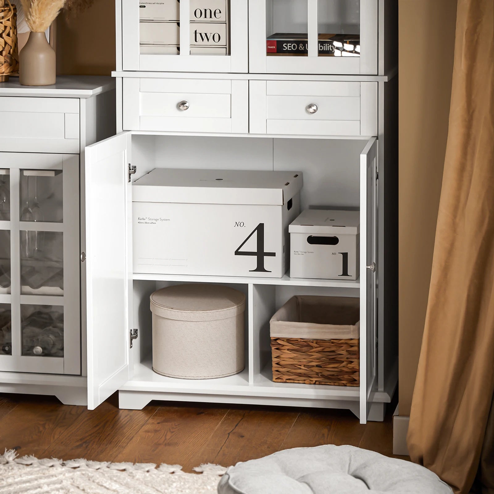 SoBuy FSB76-W Kitchen wardrobe with glass doors High wardrobe storage s wardrobe with 6 compartments and 2 drawers Buffet White 75x175x40c
