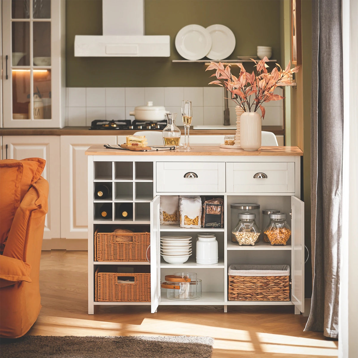 SoBuy KNL05-W Kitchen Island With 2 Rattan Baskets Freestanding Kitchen wardrobe Sideboard Bar Table dining table Buffet White 120x90x56cm