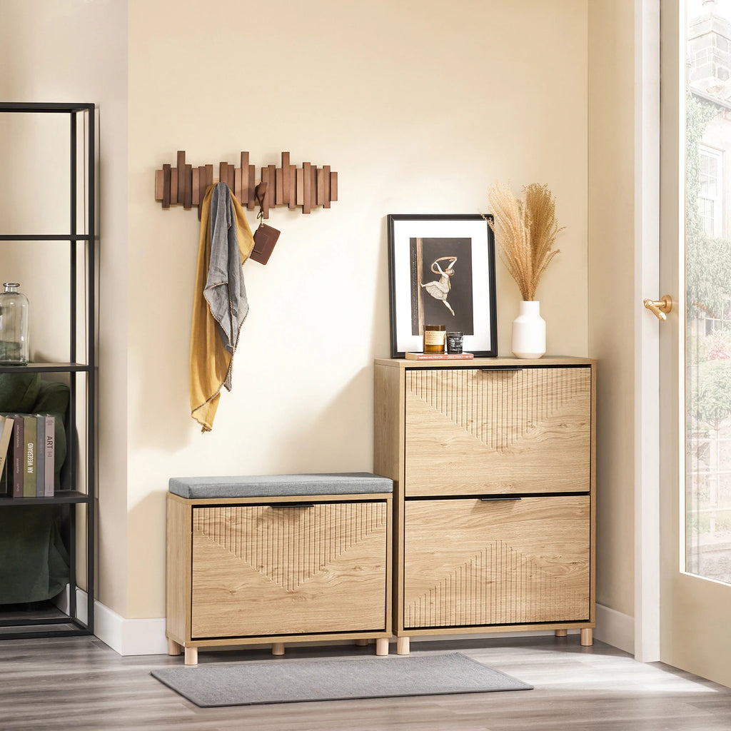 SoBuy FSR200-II-N narrow shoe rack for the hallway, tilting shoe cabinet with a wood-look finish, shoe cabinet with tip-over protection for 8 pairs of shoes, closed shoe rack, small chest of drawers, shoe cabinet W60xH83xD24