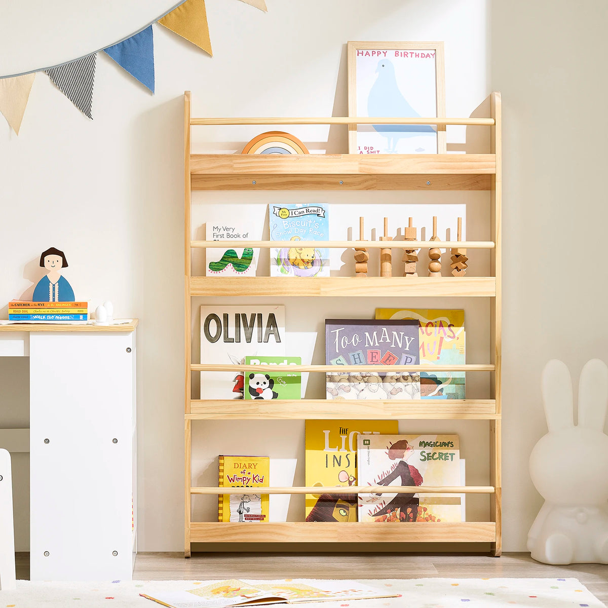 SoBuy KMB08-W children’s shelf, bookshelf for kids, wall shelf, hanging shelf, storage shelf with 4 compartments for books and decor