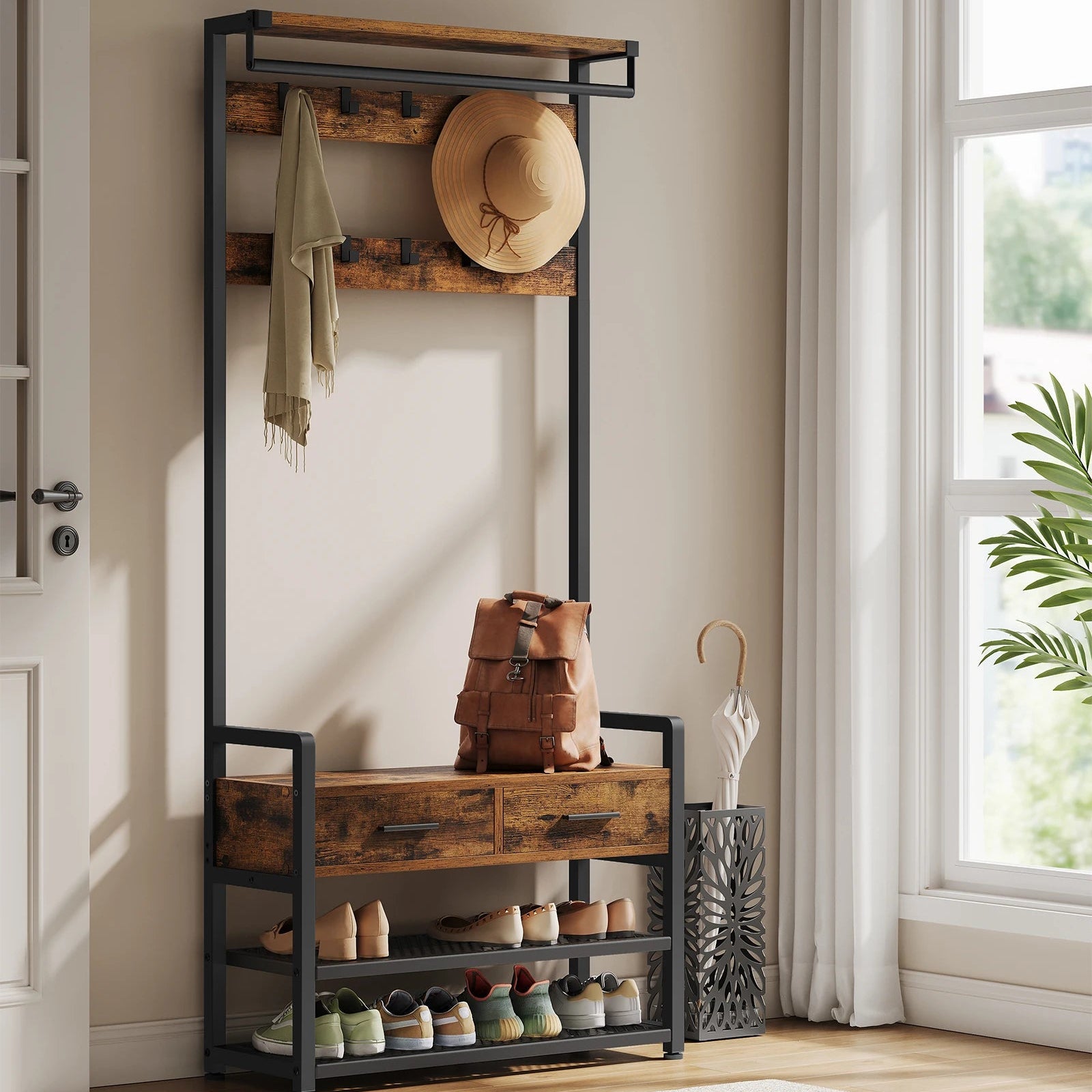 Entryway Coat Rack, with 10 Removable Hooks, 2 Drawers, Separable Design, 30 x 80.4 x 181.6 cm, Rustic Brown and Ink Black