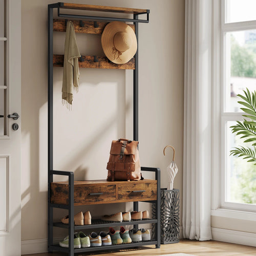 Entryway Coat Rack, with 10 Removable Hooks, 2 Drawers, Separable Design, 30 x 80.4 x 181.6 cm, Rustic Brown and Ink Black