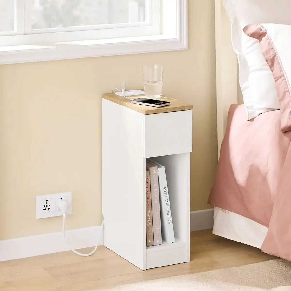 SoBuy FBT111-E-WN Narrow side table with Standard Socket USB Port Type-C Connector for Bedroom living room White