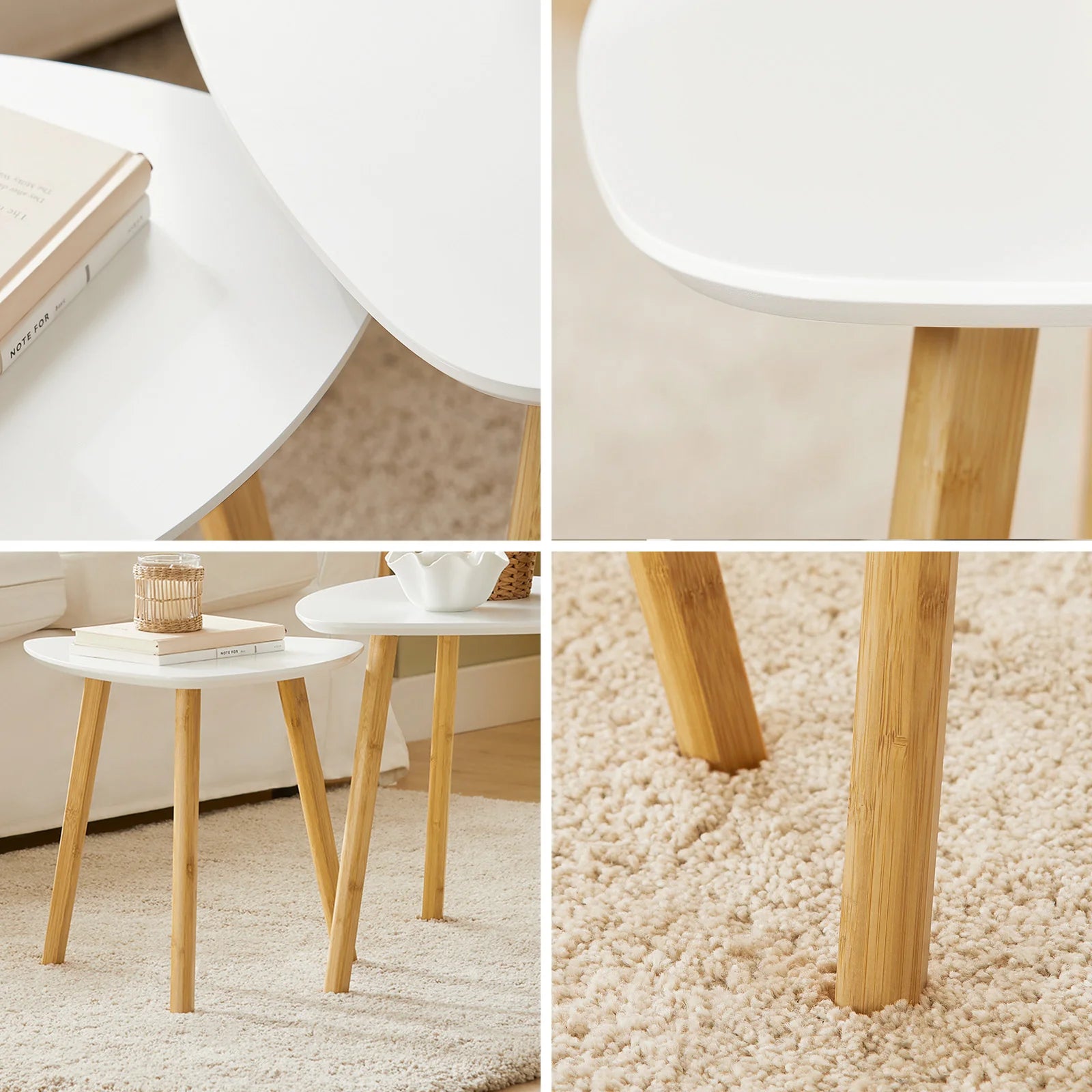 SoBuy FBT74-W Set of 2 side tables with shelves, coffee table, sofa table, nesting tables, bamboo, white/natural