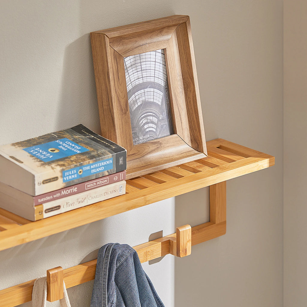 SoBuy FHK06-N Hallway wardrobe bathroom shelf Wall wardrobe with 6 hooks and storage towel holder made of bamboo BHT CA: 90x16.5x12.5 cm