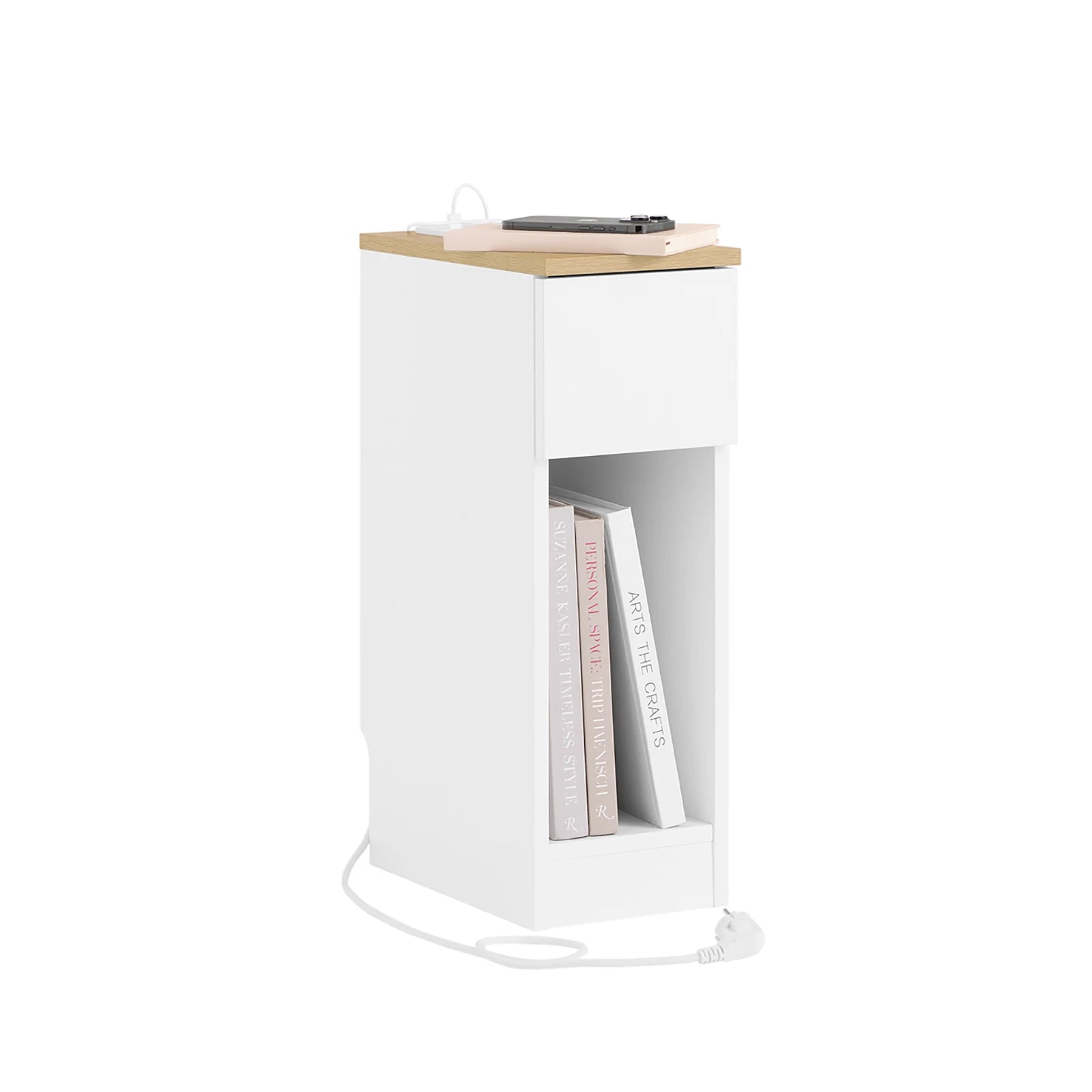 SoBuy FBT111-E-WN Narrow side table with Standard Socket USB Port Type-C Connector for Bedroom living room White