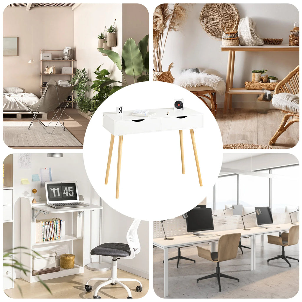 SoBuy FWT40-WN desk with 2 drawers table computer table children's desk office table, White/nature BHT CA: 90x77x45cm