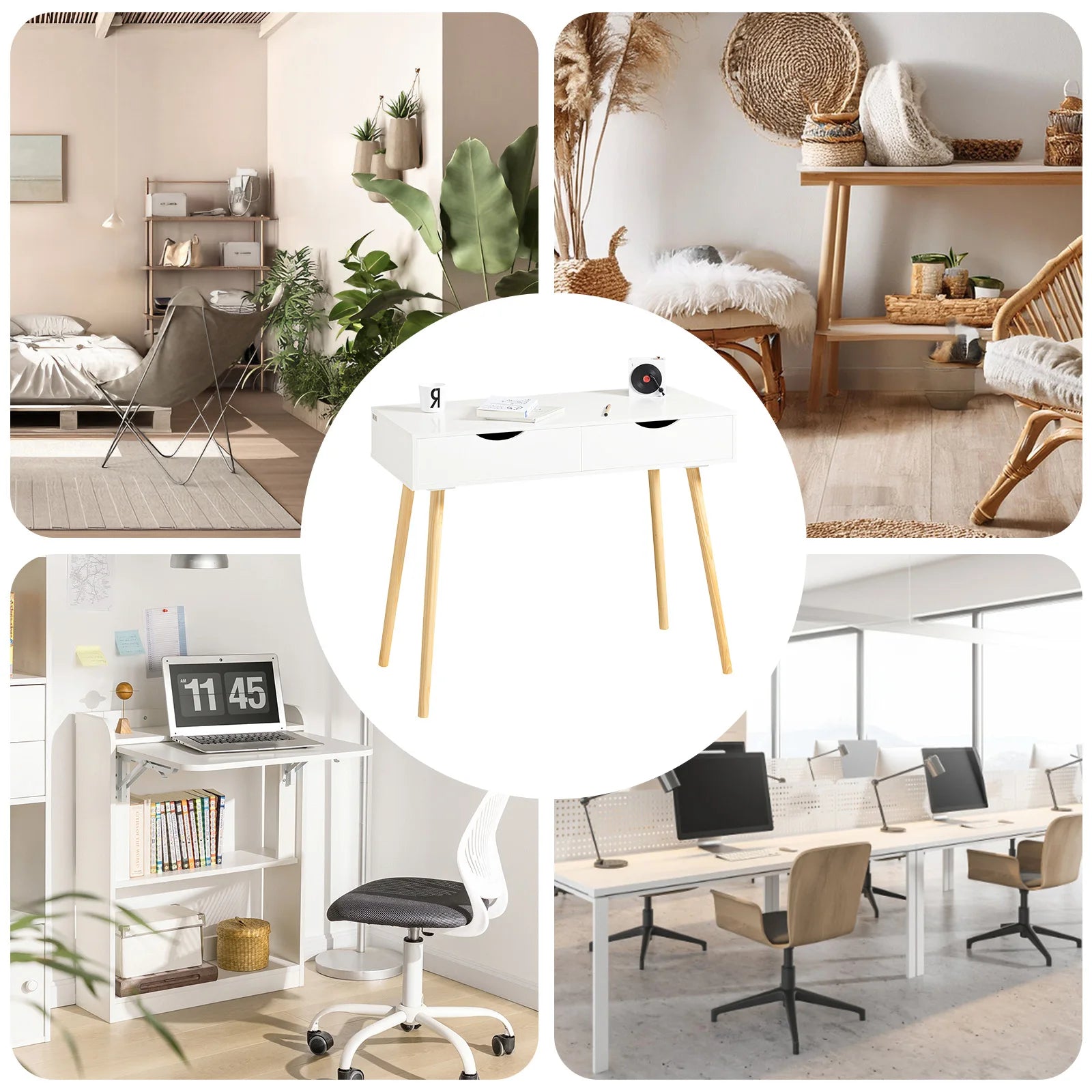 SoBuy FWT40-WN desk with 2 drawers table computer table children's desk office table, White/nature BHT CA: 90x77x45cm