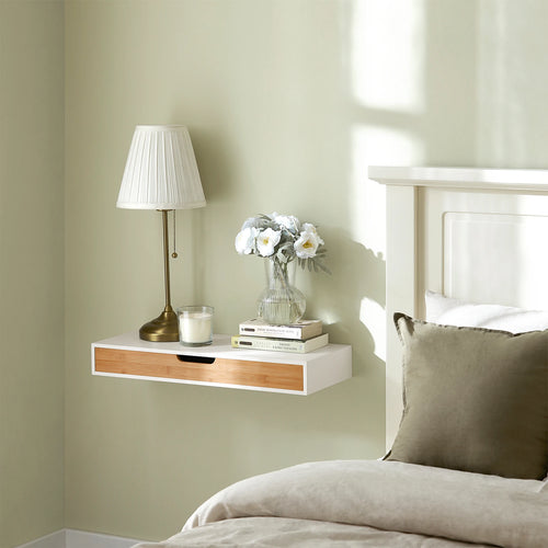 Étagère murale avec tiroir – 60 cm, blanc et bambou