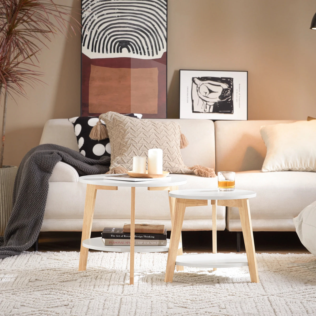 SoBuy FBT75-W set side table round shelves set table coffee table sofa table coffee table living room table White/Nature