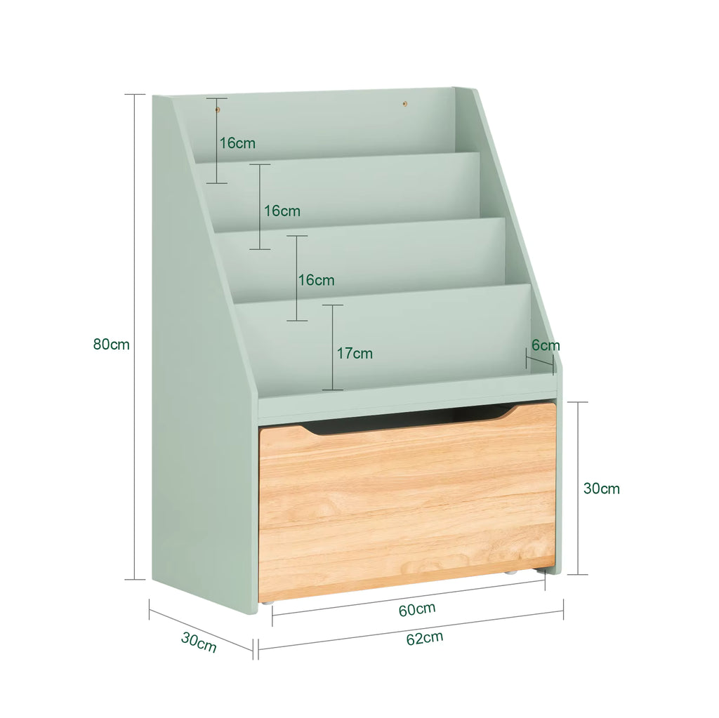 SoBuy KMB95-GR Children's Bookshelf with 4 Shelves and Removable toys chest Green Natural BHT approx. 62x80x30cm
