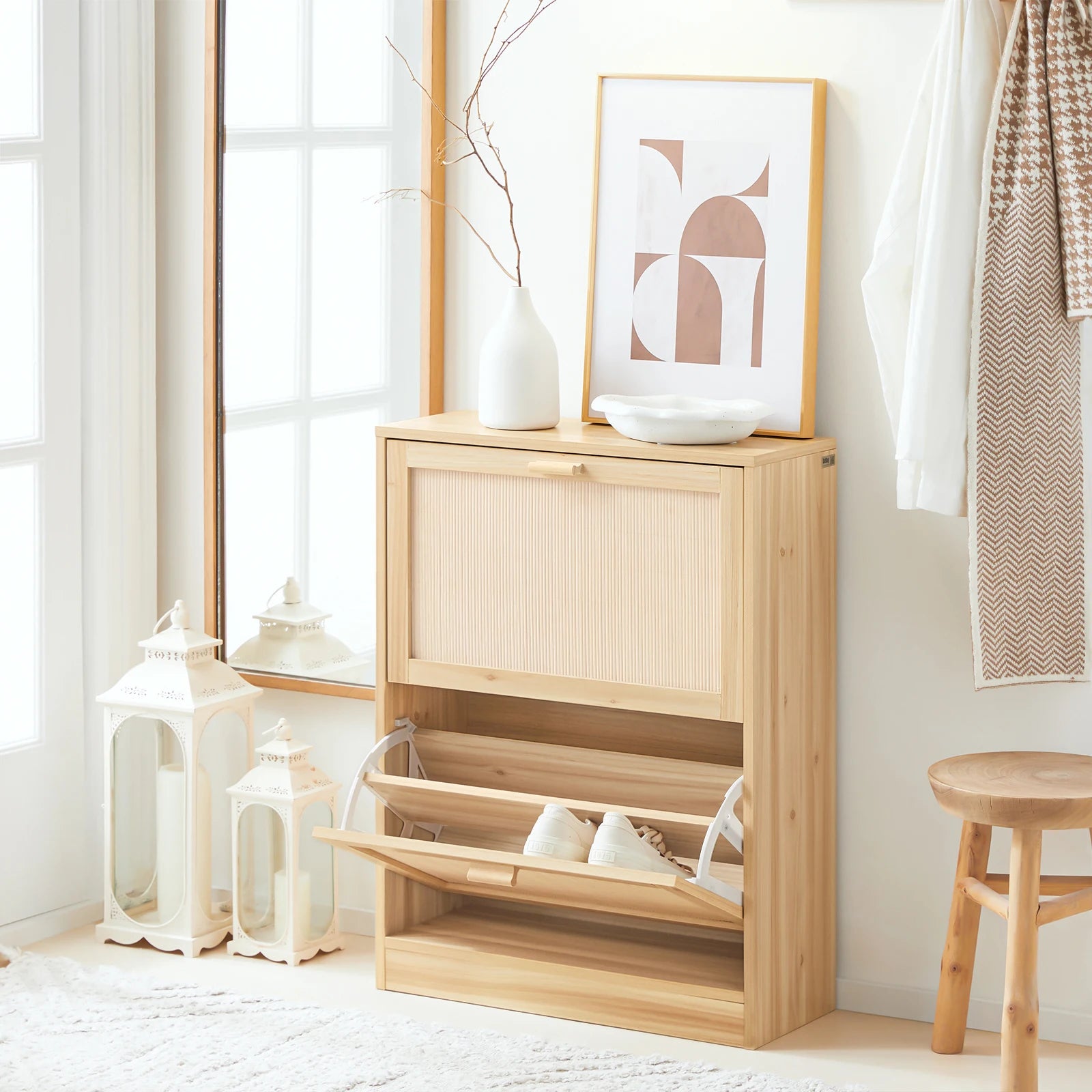 SoBuy FSR160-N 2 flap shoe cabinet narrow shoe rack with 4 shelf surfaces shoe shelf shoe chest of drawers