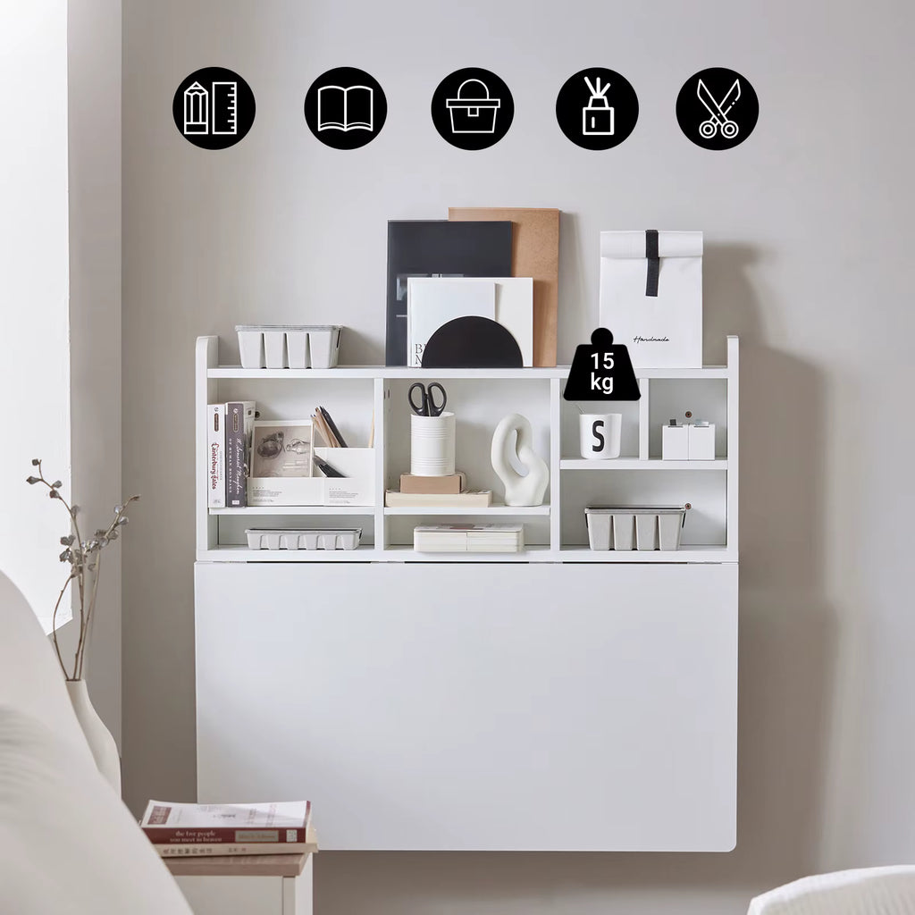 SoBuy FWT07-II-W Wall folding table with integrated shelf wall cabinet kitchen table dining table White BHT approx. 90x78x60cm