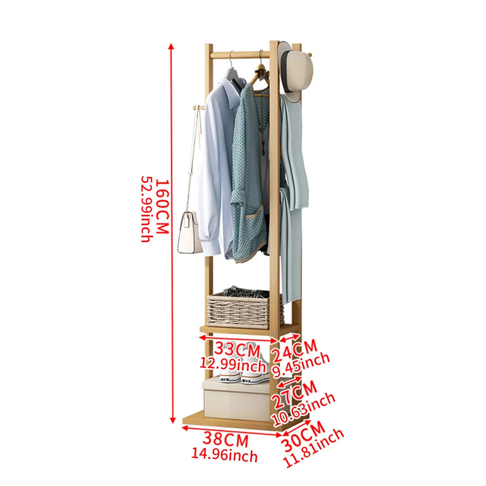 Freestanding Coat Rack with Square Base Wooden Clothes Stand with Storage Shelves for Entryway Bedroom Living Room and Hallway