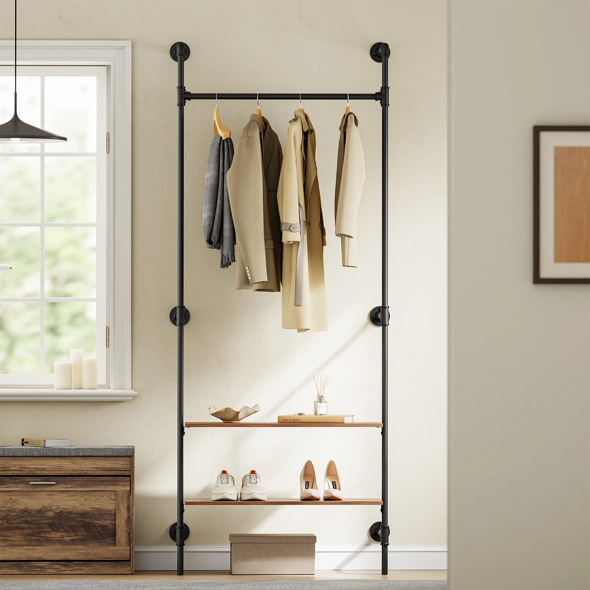 SoBuy KLS20-SCH dresses Bar Wall Mounted 2 MDF Shelves Space Saving Open dresses Cabinet dresses stand 45kg Bedroom Entrance Load Capacity 91.5x48x220cm Industrial Black