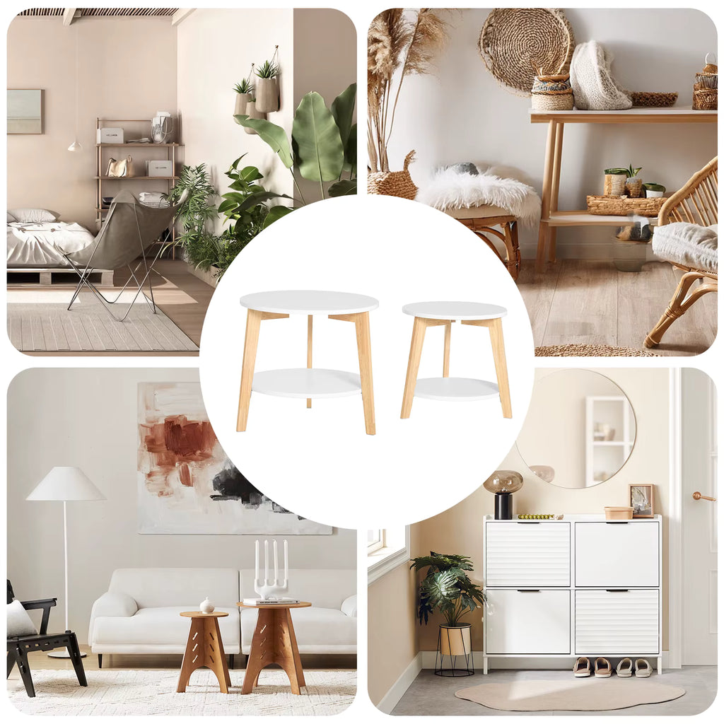 SoBuy FBT75-W set side table round shelves set table coffee table sofa table coffee table living room table White/Nature