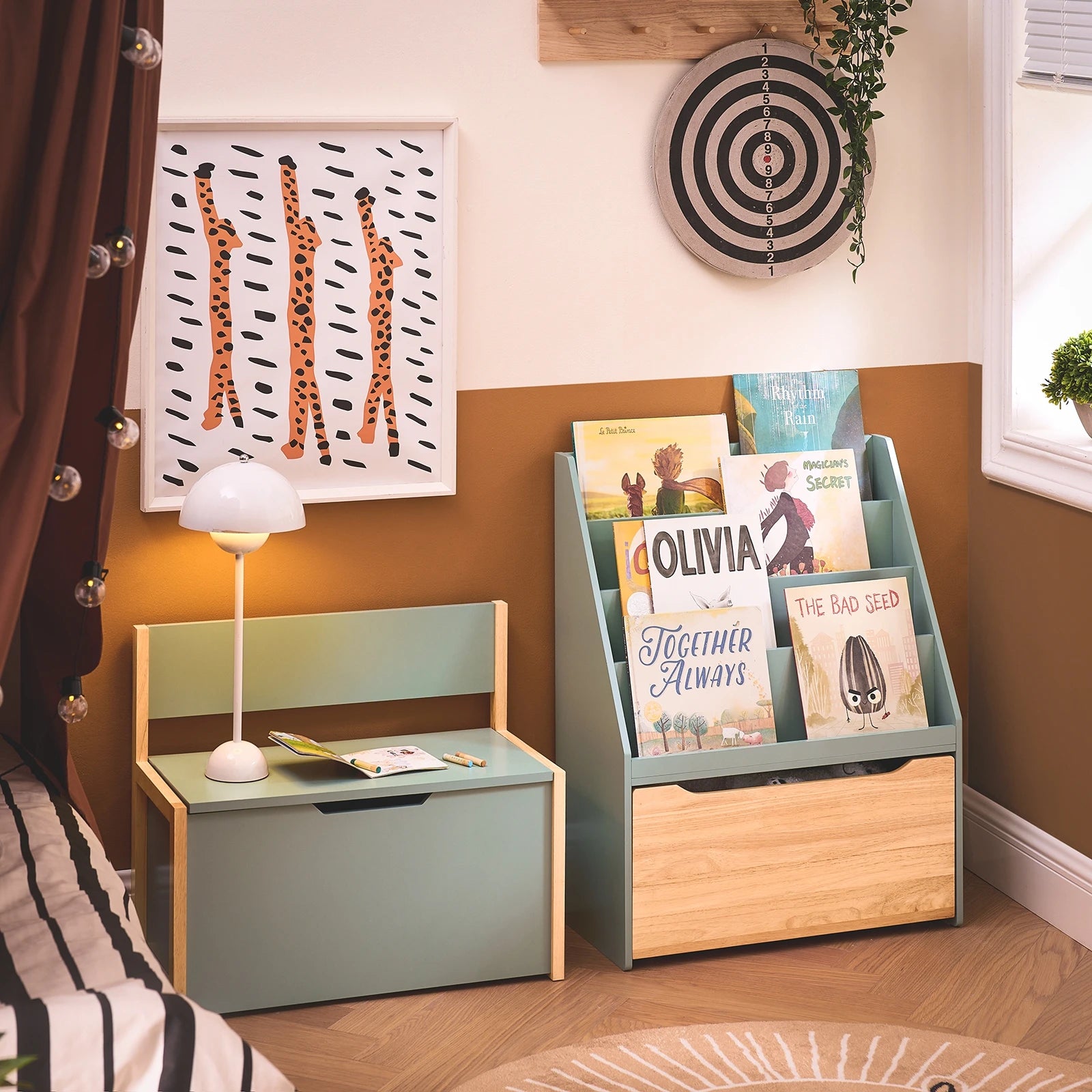 SoBuy KMB95-GR Children's Bookshelf with 4 Shelves and Removable toys chest Green Natural BHT approx. 62x80x30cm