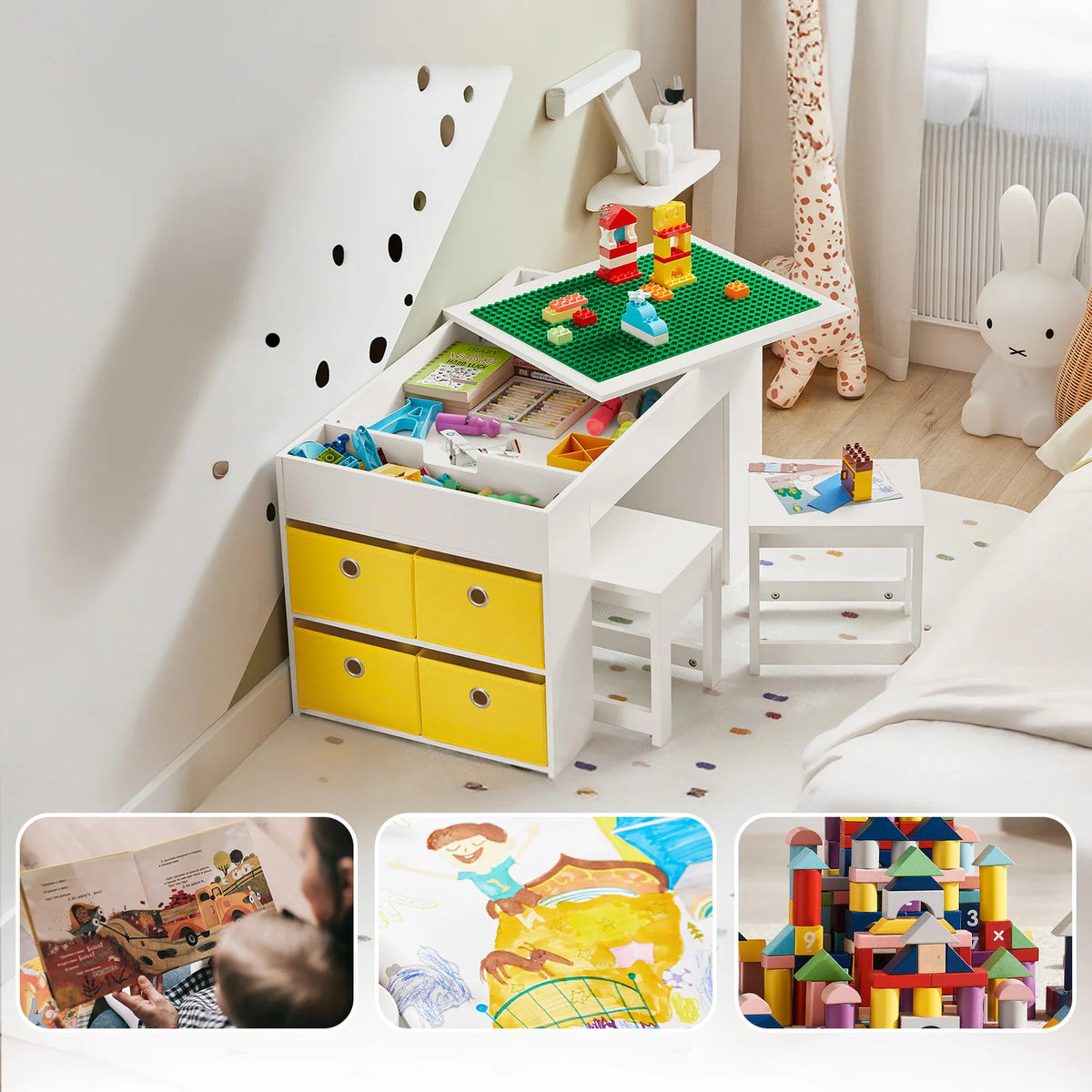 SoBuy KMB75-W Children's table with 2 Chairs Children table chair Set Child Seat Group with Storage Game Table White 87x50x50cm