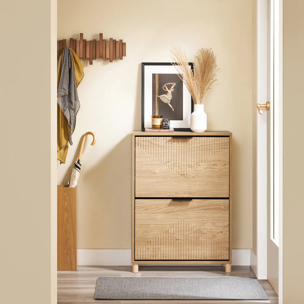 SoBuy FSR200-II-N narrow shoe rack for the hallway, tilting shoe cabinet with a wood-look finish, shoe cabinet with tip-over protection for 8 pairs of shoes, closed shoe rack, small chest of drawers, shoe cabinet W60xH83xD24