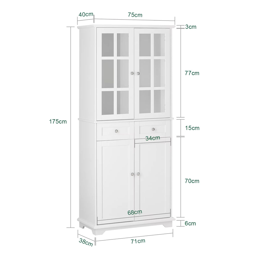 SoBuy FSB76-W Kitchen wardrobe with glass doors High wardrobe storage s wardrobe with 6 compartments and 2 drawers Buffet White 75x175x40c