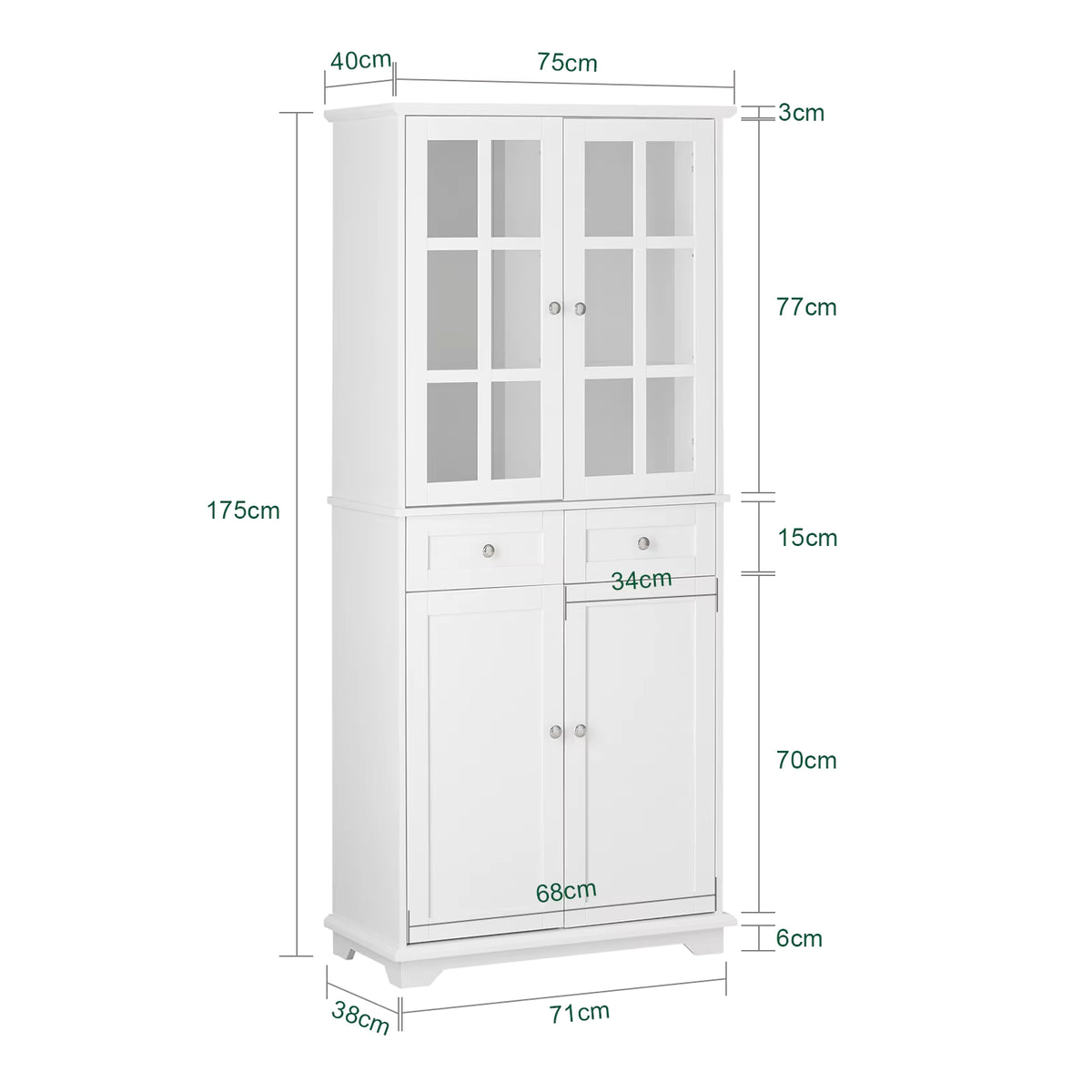 SoBuy FSB76-W Kitchen wardrobe with glass doors High wardrobe storage s wardrobe with 6 compartments and 2 drawers Buffet White 75x175x40c