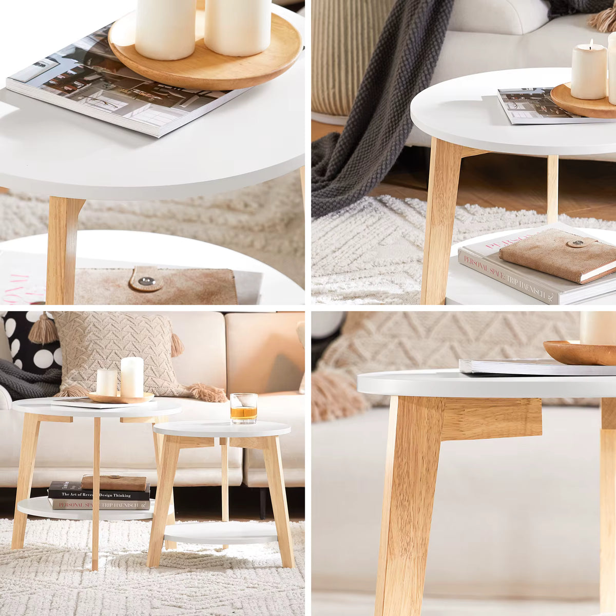 SoBuy FBT75-W set side table round shelves set table coffee table sofa table coffee table living room table White/Nature