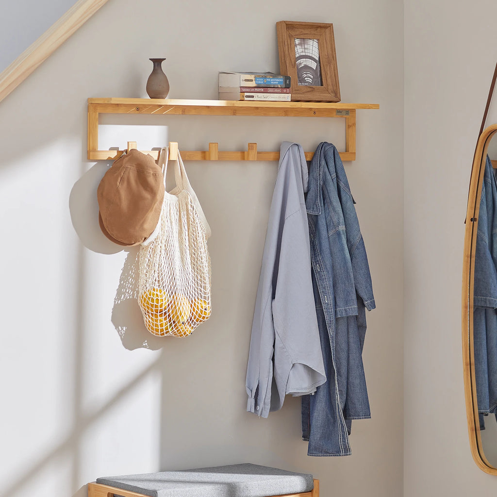 SoBuy FHK06-N Hallway wardrobe bathroom shelf Wall wardrobe with 6 hooks and storage towel holder made of bamboo BHT CA: 90x16.5x12.5 cm