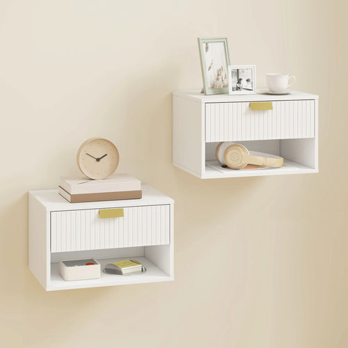 HOMCOM set of 2 Wall bedside table tables, hanging night tables with groove drawer and open shelf, 40x30x25 cm,