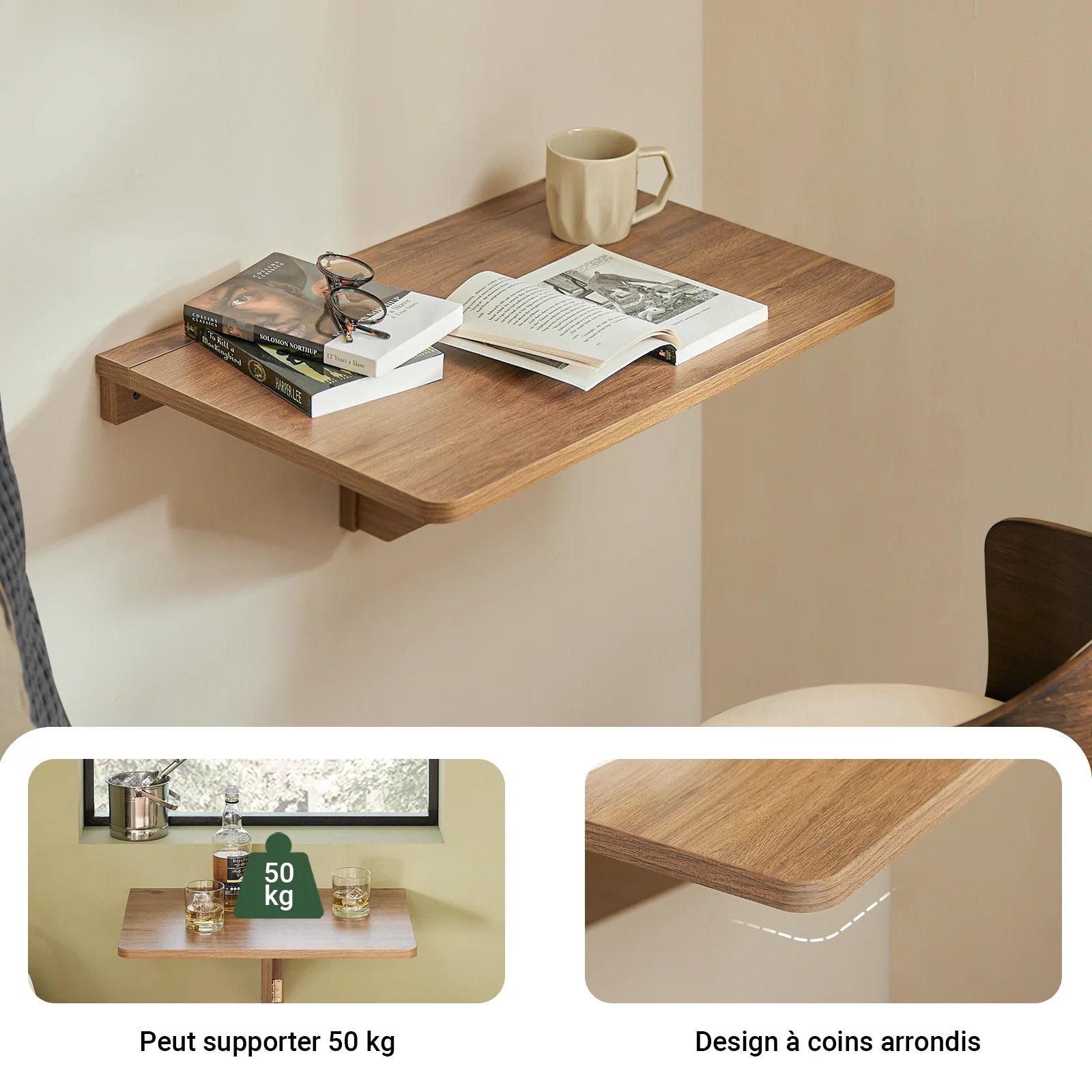 SoBuy FWT03-PF wall-mounted folding table, foldable dining table, compact kitchen table, space-saving design, folding table for small rooms, wall-mounted table 60x40cm vintage