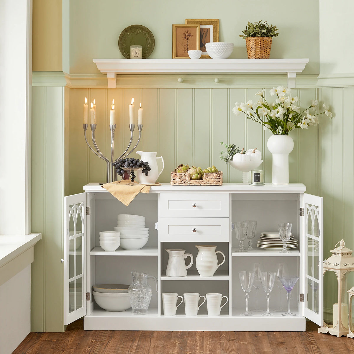 SoBuy FSB79-W Sideboard with 2 glass doors and 2 drawers kitchen wardrobe chest of drawers hallway wardrobe buffet storage wardrobe