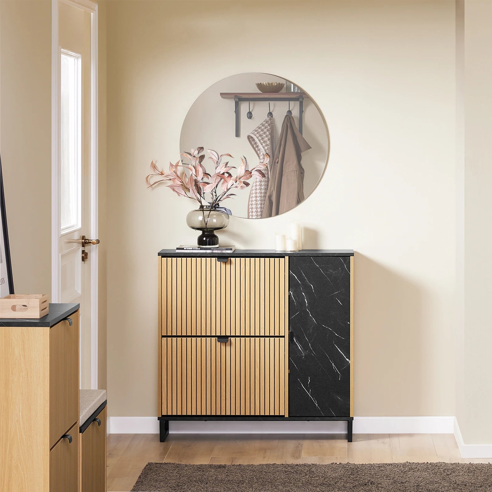 SoBuy FSR203-N narrow wardrobe with 2 flaps, space-saving shoe tilting unit for the hallway, black wardrobe with marble and wood, chest of drawers for shoes, wardrobe with storage space, 60kg load capacity, 90x88x24 cm