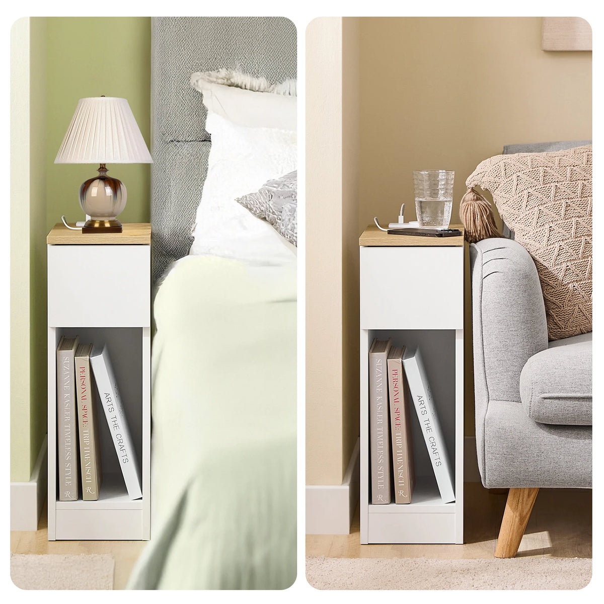 SoBuy FBT111-E-WN Narrow side table with Standard Socket USB Port Type-C Connector for Bedroom living room White