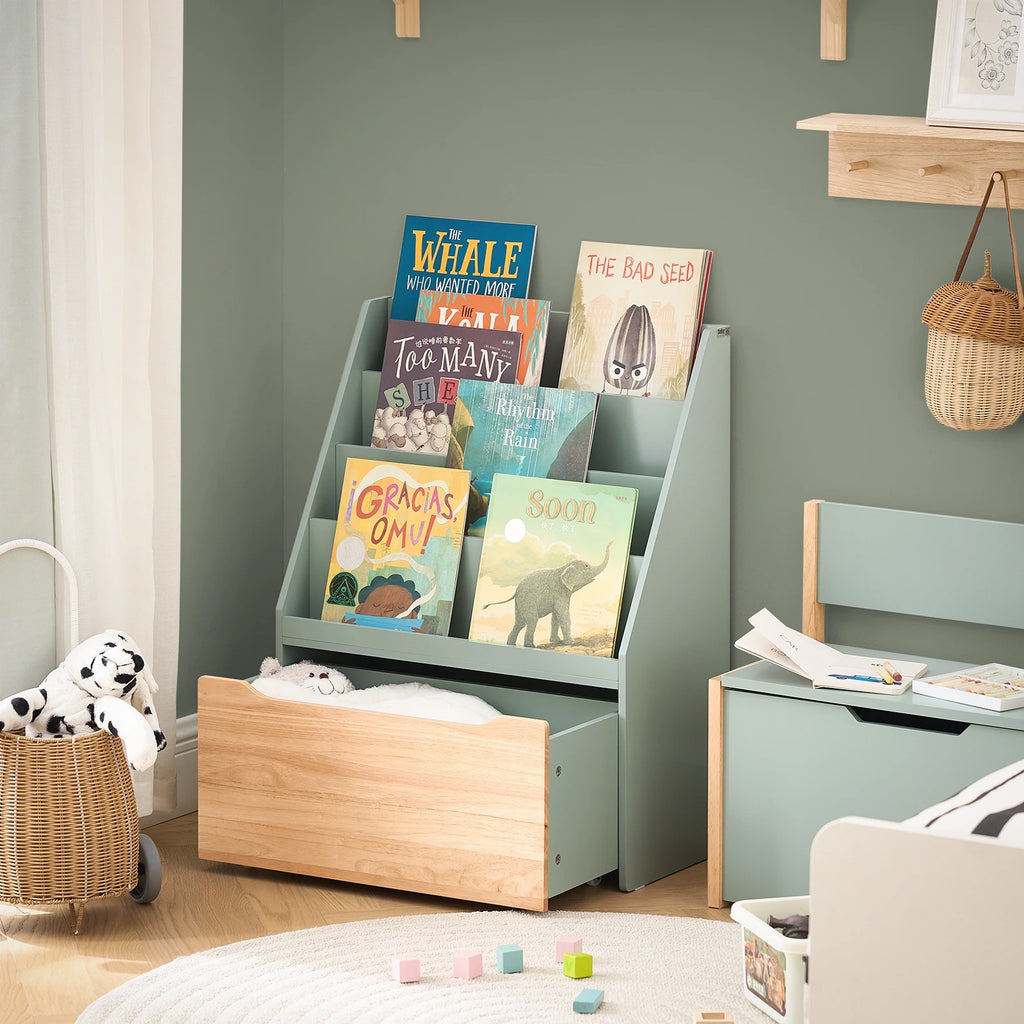 SoBuy KMB95-GR Children's Bookshelf with 4 Shelves and Removable toys chest Green Natural BHT approx. 62x80x30cm