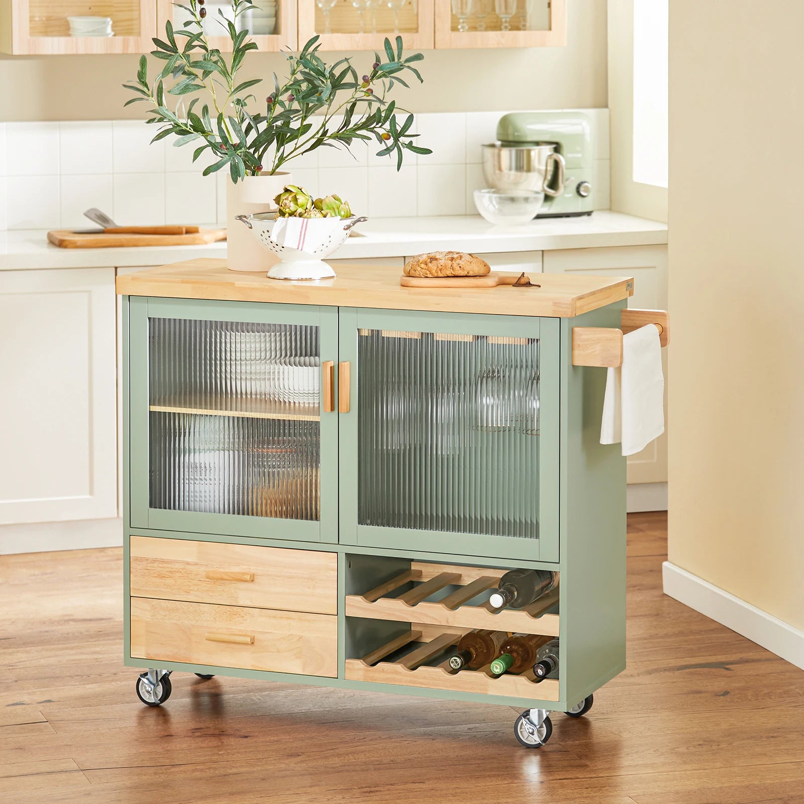 SoBuy FKW114 Kitchen Trolley with Wine Glass Holder and Bottle Holder for Light Mobility Sideboards for kitchen and Dining Room