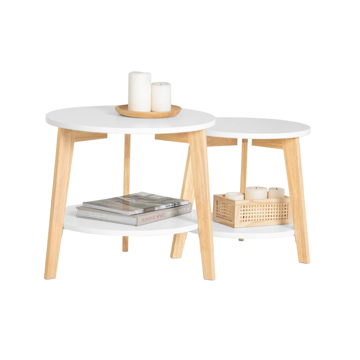 SoBuy FBT75-W set side table round shelves set table coffee table sofa table coffee table living room table White/Nature