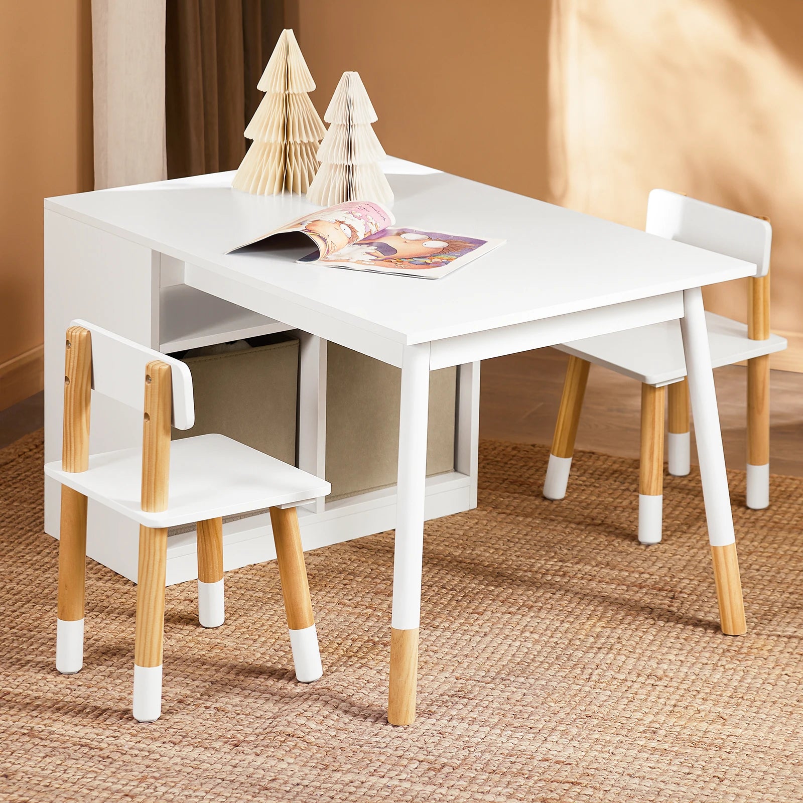 SoBuy KMB113-W Children's table with 2 Chairs Child Seat Group with Storage Playtable Children Multifunctional Activity table