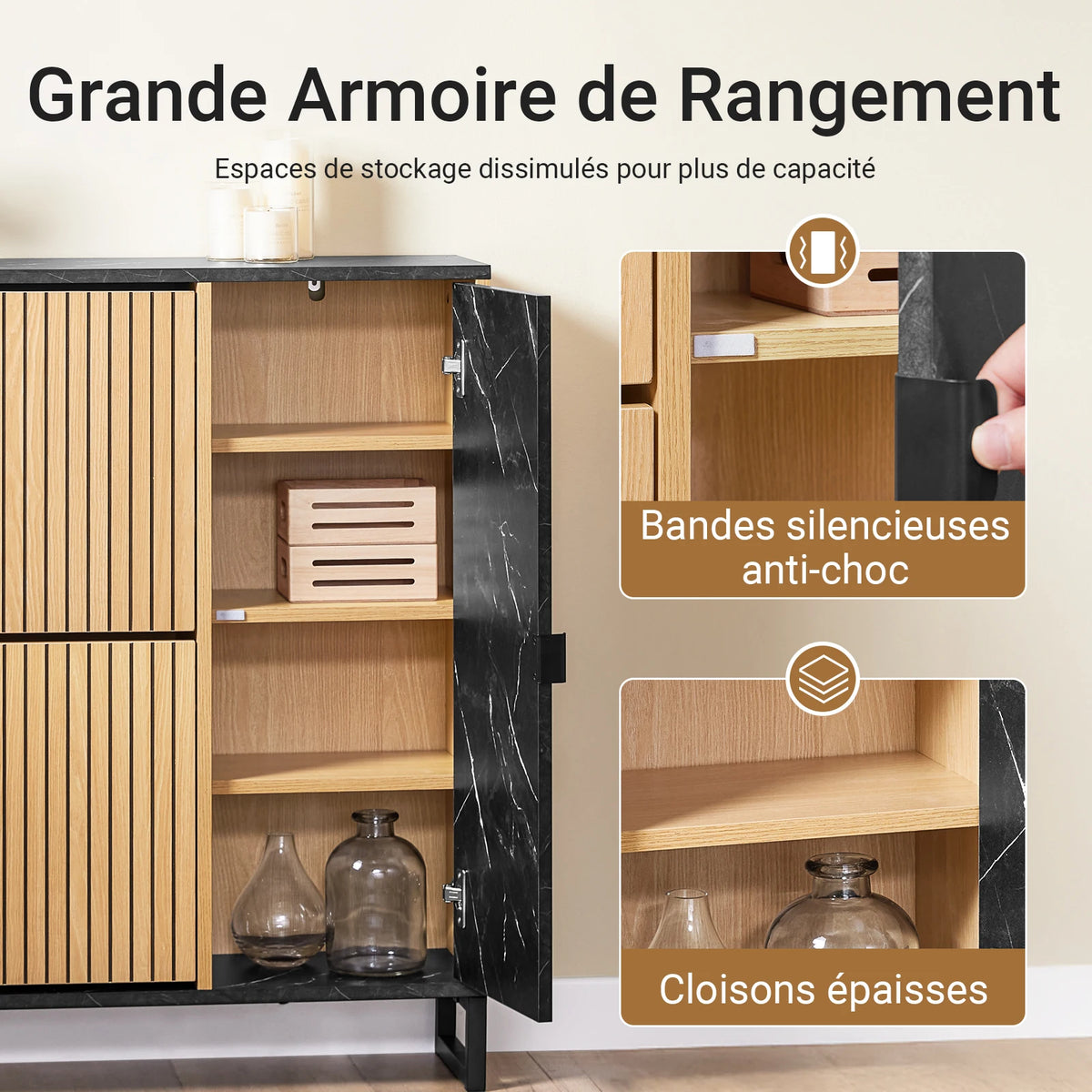 SoBuy FSR203-N narrow wardrobe with 2 flaps, space-saving shoe tilting unit for the hallway, black wardrobe with marble and wood, chest of drawers for shoes, wardrobe with storage space, 60kg load capacity, 90x88x24 cm